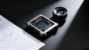 A disassembled large-format cinema camera sensor module highlighting clean internal electronic circuits and premium optical glass.