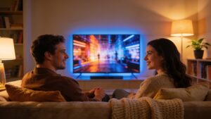 A family enjoying modern media through digital entertainment evolution trends in a cozy, ambiently lit living room.