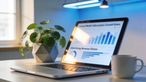 A financial analysis tablet showing colorful analytical charts representing digital media company subscriber trends.
