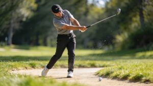 A golfer shifting weight smoothly onto the front leg to start the downswing sequence safely.