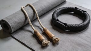 A gray canvas exercise mat featuring a loop resistance band and a classic wooden jump rope.