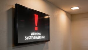 A high-contrast smart home control screen displaying clear visual public safety icons and bold text instructions.