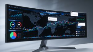 A high-end software interface displaying live global media sentiment analysis metrics and alert warnings.