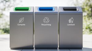 A high-end three-stream waste sorting station showing clear visual icons for easy attendee recycling access.