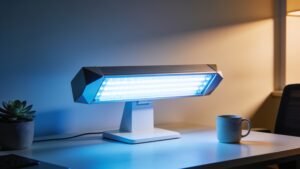 A high-lux light therapy box emitting a specific blue-white spectrum on a modern workspace desk.