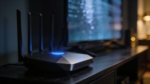 A high-speed network router facilitating seamless 4K video data streaming inside a contemporary living room.