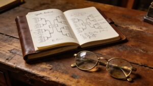 A historical leather notebook resting on a dark wooden workspace highlighting early international football tournament bracket designs.
