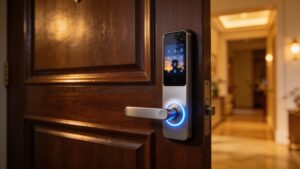 A keyless smart door lock with an illuminated keypad installed on a front entrance door.