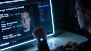 A media analyst examining digital media verification software and metadata watermarks on a computer monitor.