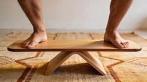 A mindful perspective of bare feet balancing precisely on a low wooden balance beam indoors.