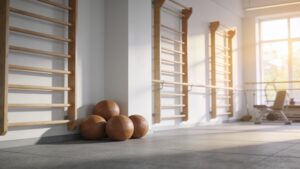 A minimalist functional wellness studio featuring wooden wall bars and leather medicine balls under soft morning light.