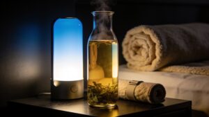 A minimalist wellness nightstand displaying a glass tea carafe, an ambient sleep lamp, and a rolled wool blanket.