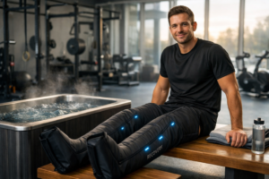 A modern elite sports recovery lounge equipped with advanced athletic restoration hardware illuminated by morning light.