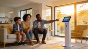 A modern family interacting with subtle smart home future technology trends in a bright living room.
