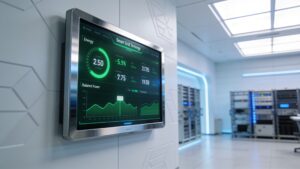 A modern festival production dashboard interface mounted on a studio wall showing green energy storage settings.