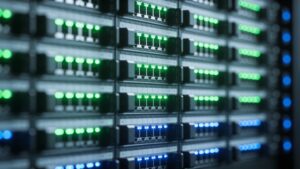 A modern network server rack utilizing energy-efficient routing systems to manage international data pathways.