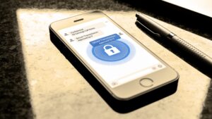 A modern smartphone interface highlighting end-to-end data encryption parameters within a secure chat app.