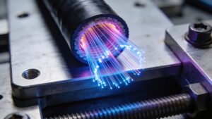 A detailed close-up cross-section of an advanced fiber-optic data cable glowing with active laser signals.