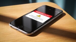 A modern smartphone screen showcasing a bold, high-contrast emergency public safety alert message.