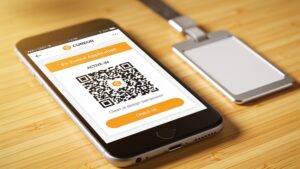 A modern smartphone screen showing an event mobile application with a secure check-in QR code ready for entry scanning.