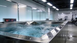 A modern stainless steel cold plunge tub designed for professional athletic cold water immersion therapy.