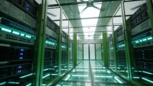 A modern sustainable corporate data center utilizing energy-efficient cooling structures and organized network server hardware racks.