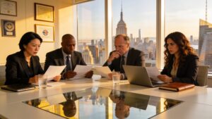 A multi-cultural team of corporate communication specialists collaborating on an international public relations strategy.