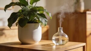 A non-toxic, peaceful home environment decorated with natural air-purifying plants and minimalist wooden decor.