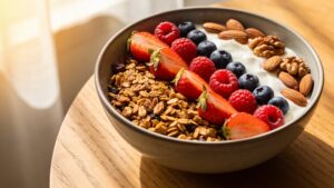 A nutritious breakfast bowl placed in natural morning light representing synchronized metabolic timing.