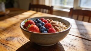 A nutritious farm-fresh breakfast served on a wooden table illuminated by natural morning sunlight.