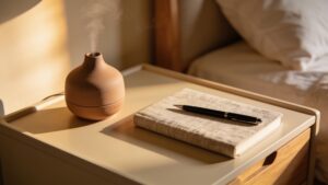 A peaceful bedside table setup highlighting a clay aromatherapy diffuser, a linen-bound journal, and a pen under soft light.
