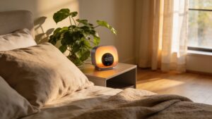 A peaceful modern bedroom environment optimized for deep sleep recovery and circadian alignment.
