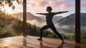 A person engaging in gentle morning mobility stretches outdoors to support joint health and stress relief.