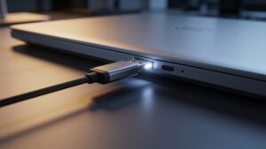 A physical hardware security key protecting a corporate workstation during a high-stakes network security event.