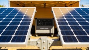 A portable solar-powered hybrid battery generator unit providing clean electrical energy to an outdoor festival setup.