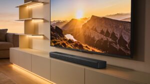 A premium home entertainment setup with a soundbar and a flat-screen television displaying a high-contrast movie scene.