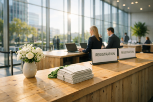 A premium modern event registration counter illuminated by morning sunlight, highlighting sustainable decor and eco-friendly seed-paper check-in badges.