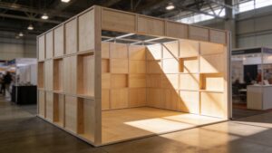 A premium modular exhibition display booth built using sustainable interlocking birch wood panels instead of plastics.