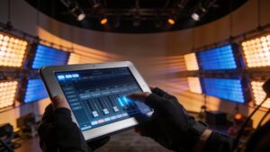 A production manager using a tablet application to adjust energy-efficient LED theater lighting inside a presentation hall.