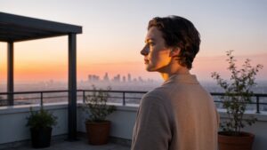 A professional capturing the first rays of natural morning sunlight to activate their internal biological clock.
