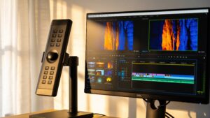A professional color grading studio monitor showcasing an advanced editing interface and tactile color tracking wheel controls.
