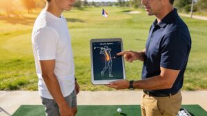 A professional golf coach using a digital tablet to explain safe biomechanical posture to a student on the driving range
