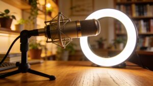 A professional home studio workspace equipped with a premium microphone and a ring light for content creation.