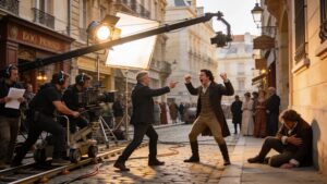 A professional international film crew shooting a drama series on location in an old European city street.