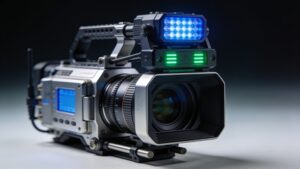 A professional movie camera rig highlighting an attached spatial infrared tracking sensor system.