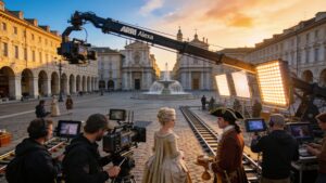 A professional multi-national film production crew filming a high-budget dramatic television series on location.