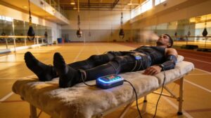 A professional runner receiving pneumatic compression boot therapy to enhance leg muscle recovery.