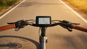 A riderโs view of a clean e-bike cockpit featuring a high-resolution smart display and hydraulic brake levers.