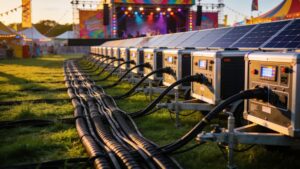 A row of contemporary mobile solar power generators delivering clean energy to a massive live entertainment stage.