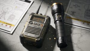 A rugged off-grid satellite emergency warning receiver resting next to a professional safety flashlight.
